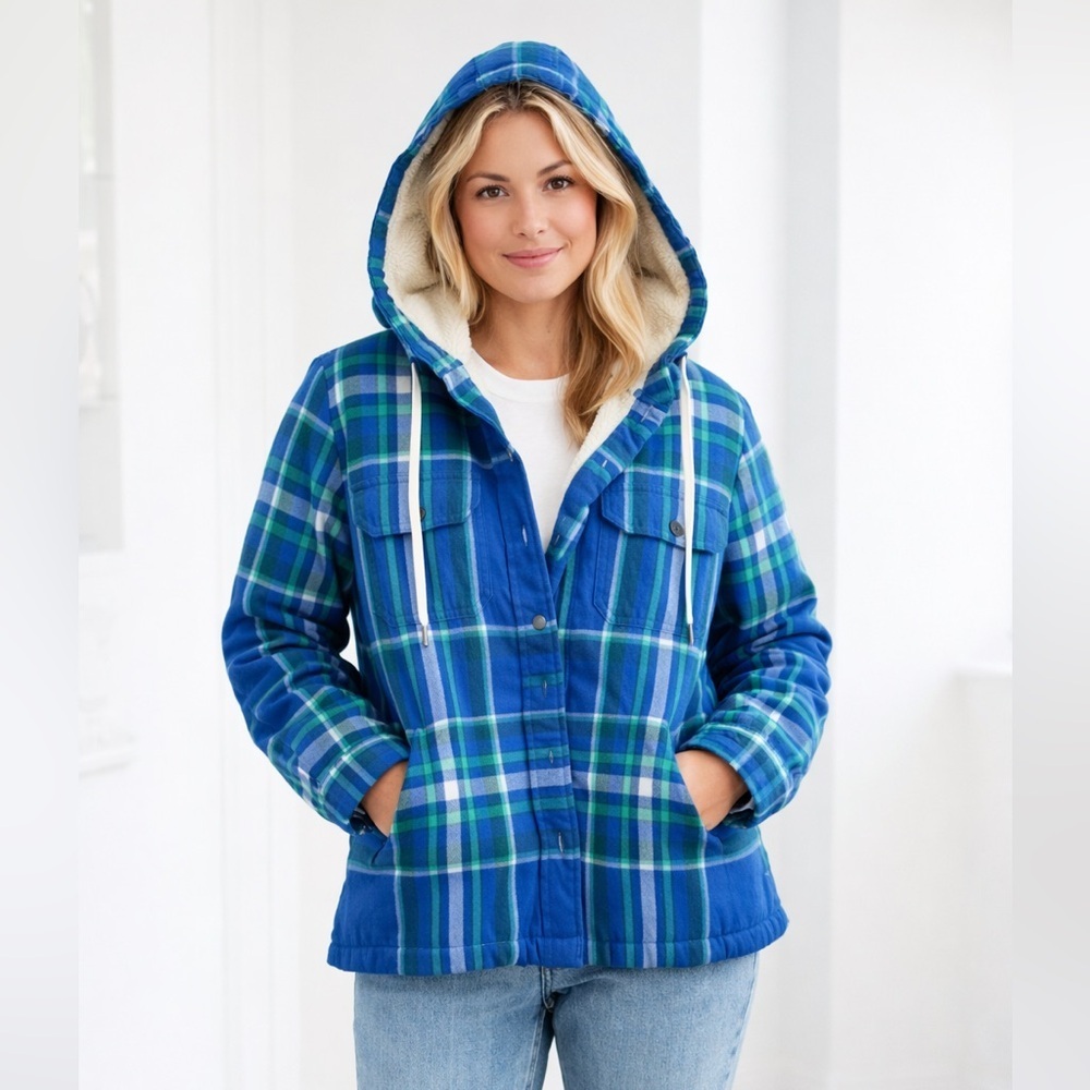 Lands' End Sherpa Lined Plaid Hooded Flannel Jacket Blue Petite S